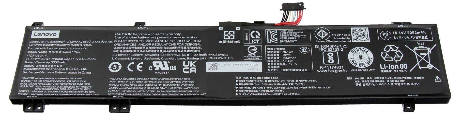 Lenovo Laptop-Akku mit gedruckten Sicherheits- und Zertifizierungsetiketten, die Modell- und Spannungsinformationen anzeigen.