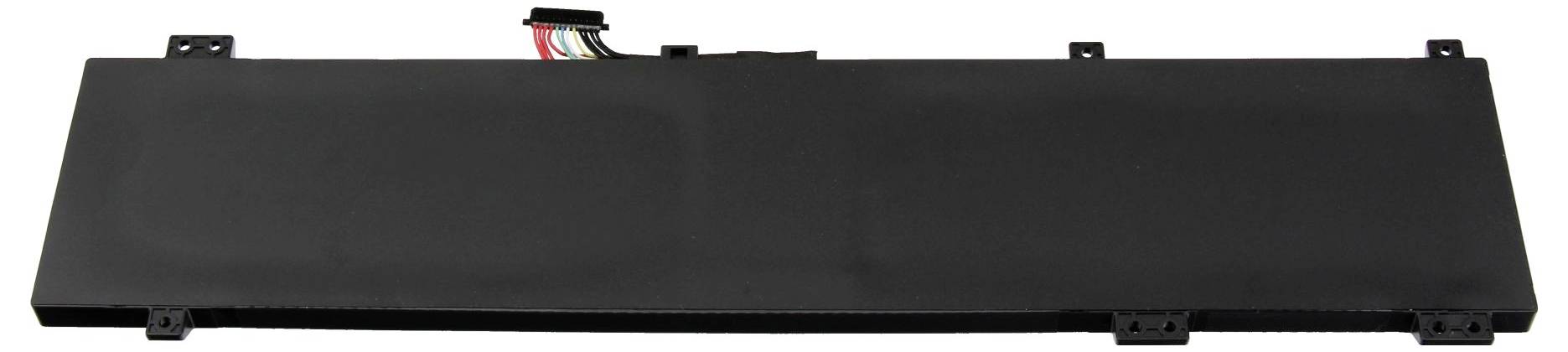 Schwarzes rechteckiges Laptop-Akku-Pack mit Anschlussfahnen und sichtbarer Verdrahtung entlang der oberen Kante.
