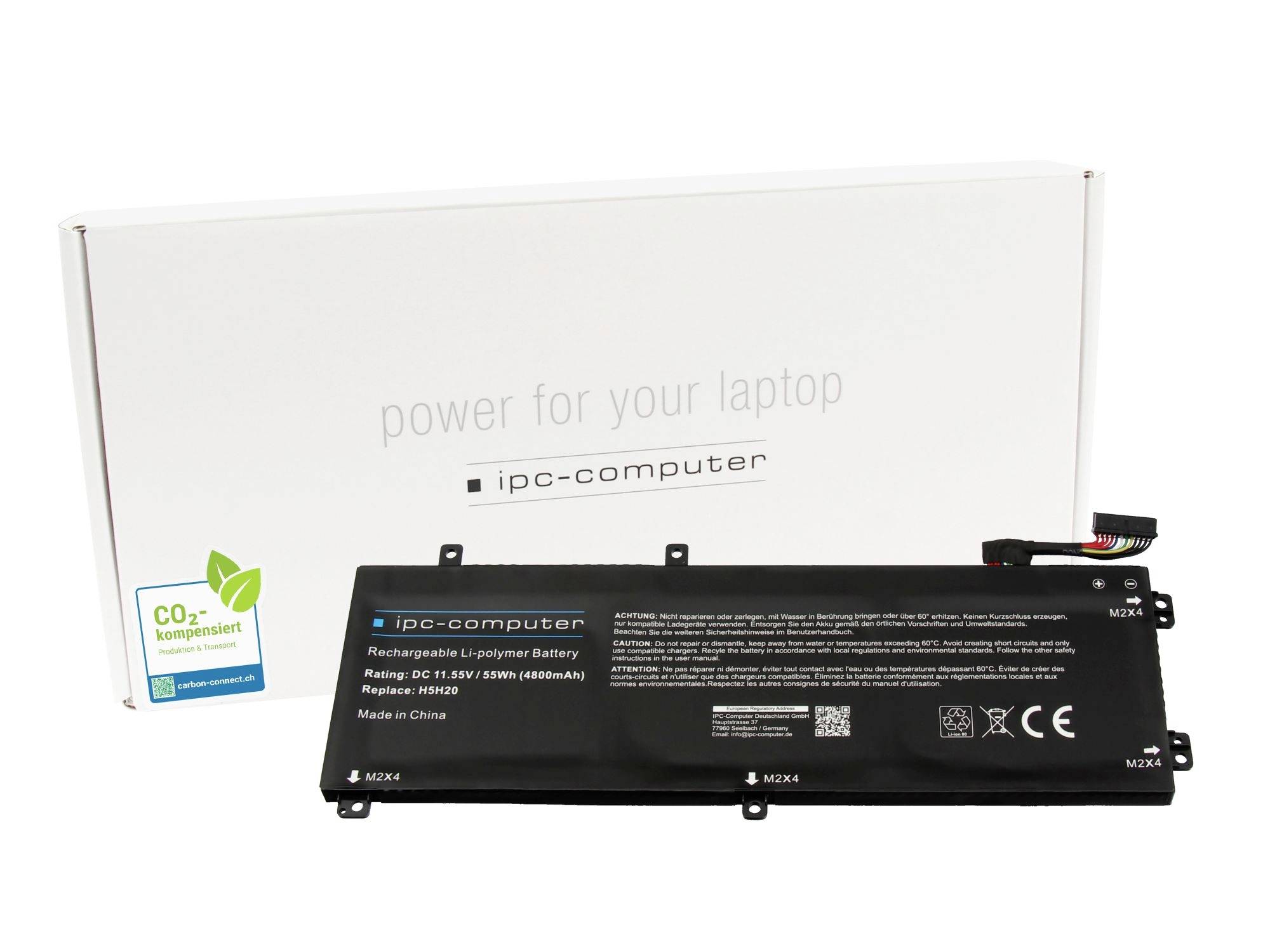 Laptop-Ersatzbatterie vor der Verpackung mit der Bezeichnung „power for your laptop