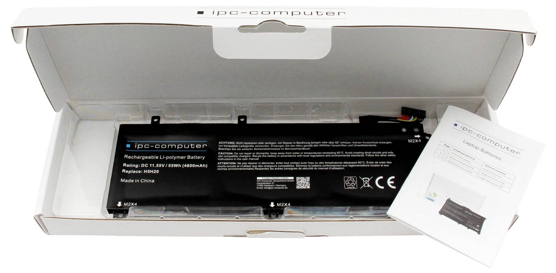 Geöffnete iqo-computer Batteriebox mit einem wiederaufladbaren Lithium-Ionen-Akkupack und einer Anleitung im Inneren.