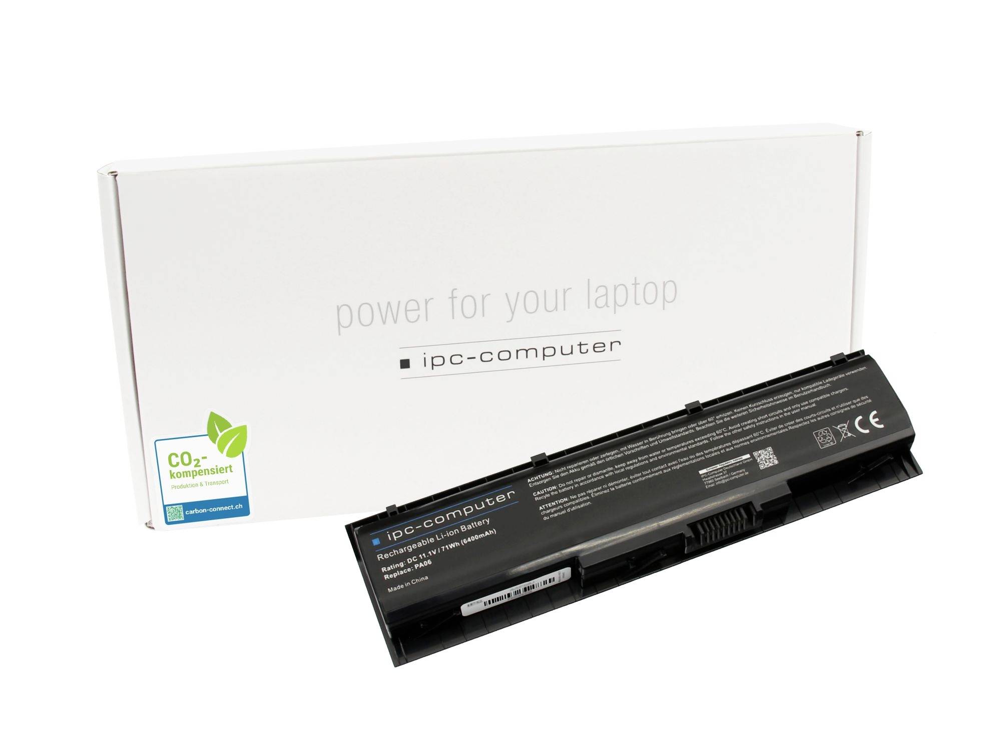 Schwarzer Laptop-Akku, der vor einer mit „power for your laptop