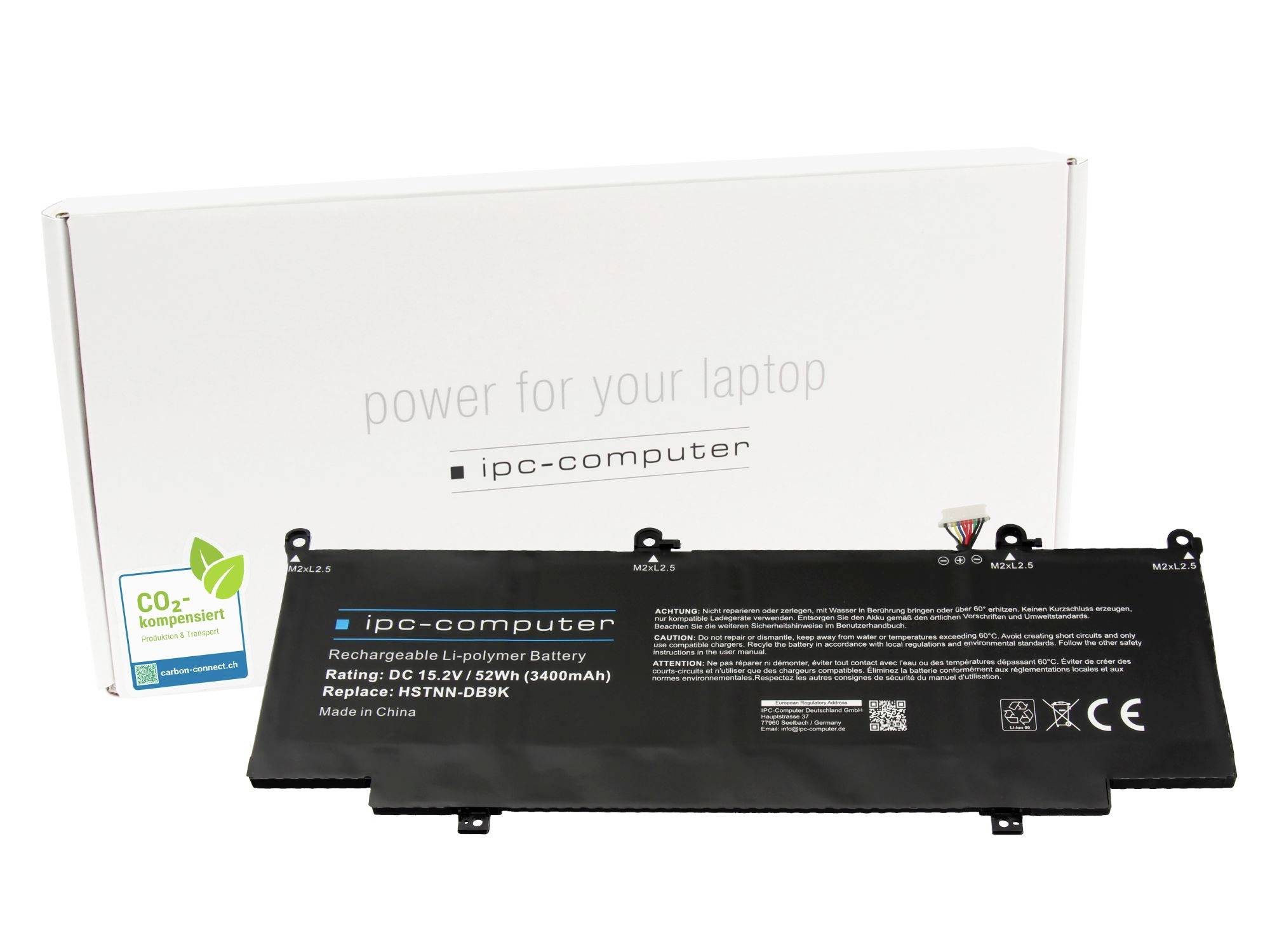 Ersatzbatterie für Laptop mit weißer Verpackungsbox, auf der 