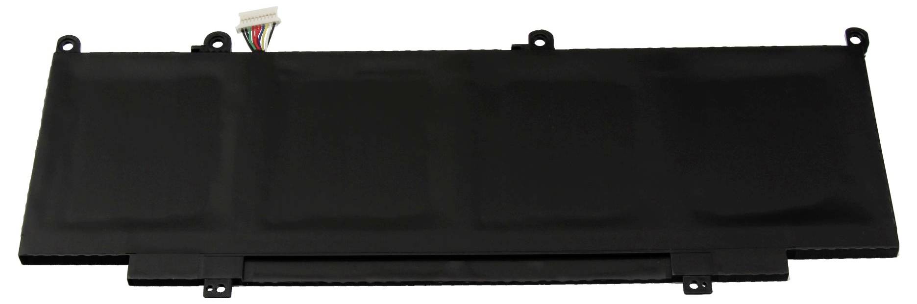 Schwarzer rechteckiger Laptop-Akku mit angebrachtem Stecker und Befestigungslaschen, gezeigt auf weißem Hintergrund.