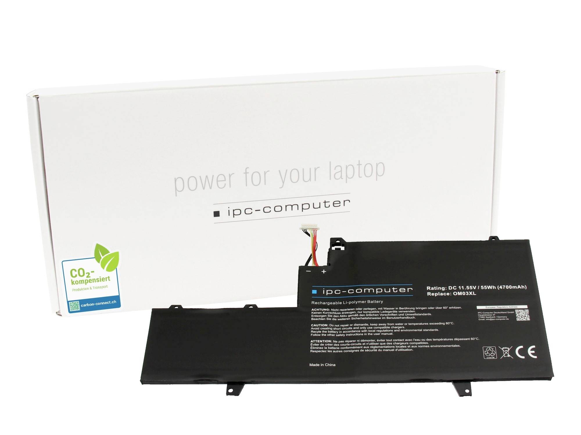 Laptop-Ersatzbatterie mit Verpackung mit der Beschriftung „Energie für Ihren Laptop