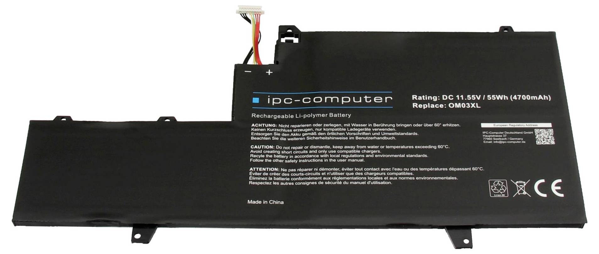 Schwarzer wiederaufladbarer Laptop-Akku mit Beschriftung „ipc-computer" mit DC-11,55V- und 55Wh-Spezifikationen, gezeigt auf weißem Hintergrund.