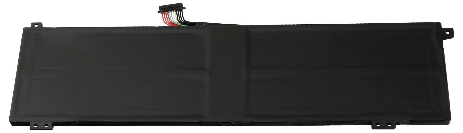 Schwarzes rechteckiges Batteriepaket mit mehreren Fächern und einem Kabelstecker, dargestellt auf weißem Hintergrund.