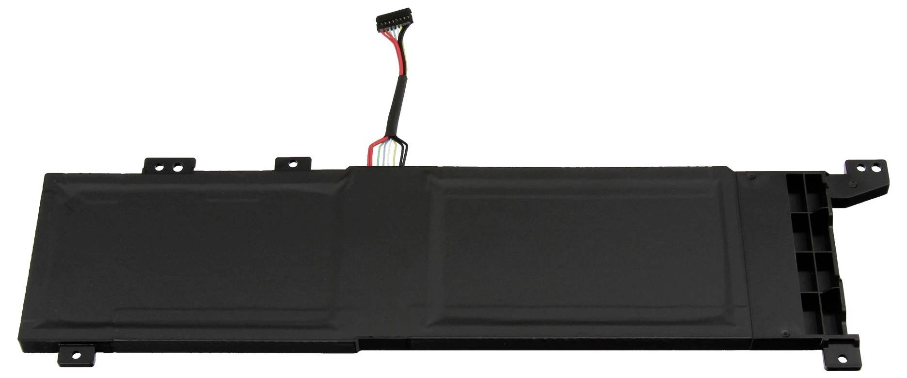 Schwarzes rechteckiges elektronisches Batteriepaket oder Modul mit Befestigungslaschen und einem rot-schwarzen Kabel, das oben angebracht ist.