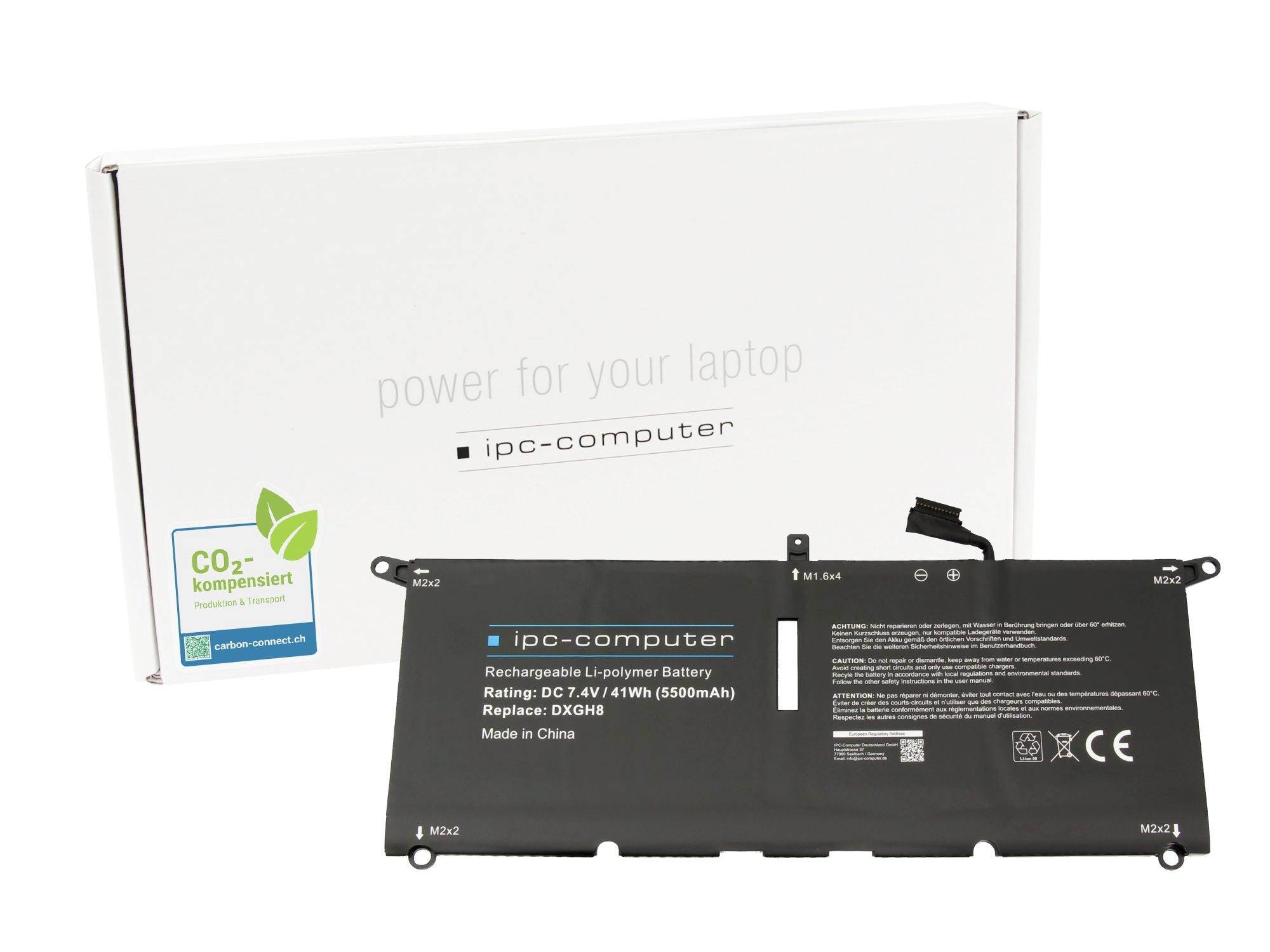 Laptop-Ersatzbatterie vor ihrer weißen Verpackung, beschriftet mit „ipc-computer