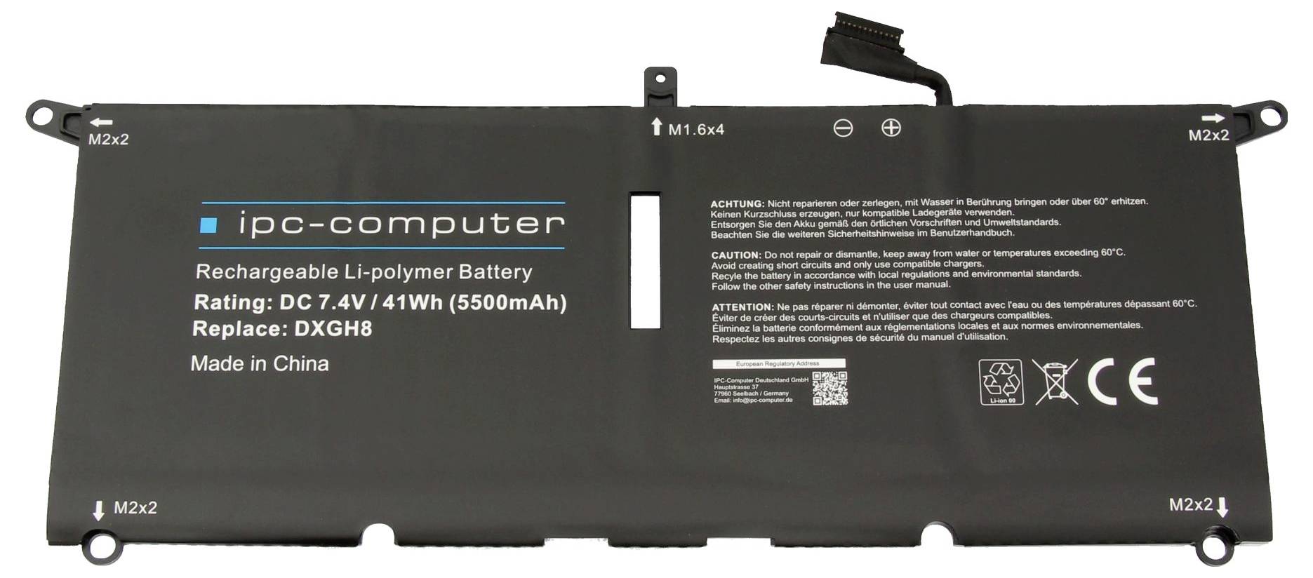 Schwarzes wiederaufladbares Laptop-Akku-Pack mit Beschriftung „ipc-computer" und den Spezifikationen „DC 7,4V 41Wh (5500mAh)" und „Ersatz: DXGH8", hergestellt in China.