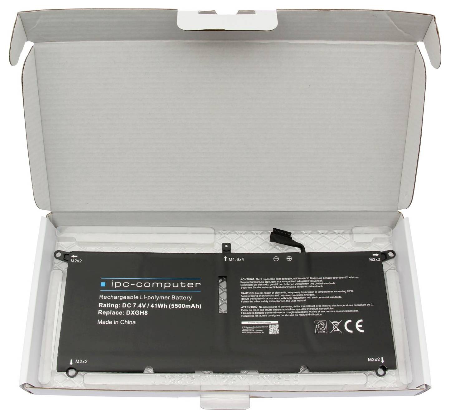 Offene Schachtel mit einem Ersatz-iPC-Computer-Akku aus wiederaufladbarem Lithium-Polymer mit der Bezeichnung „Rating: DC 7,4V/41Wh (5500mAh)" und „Replace: DXGH8".