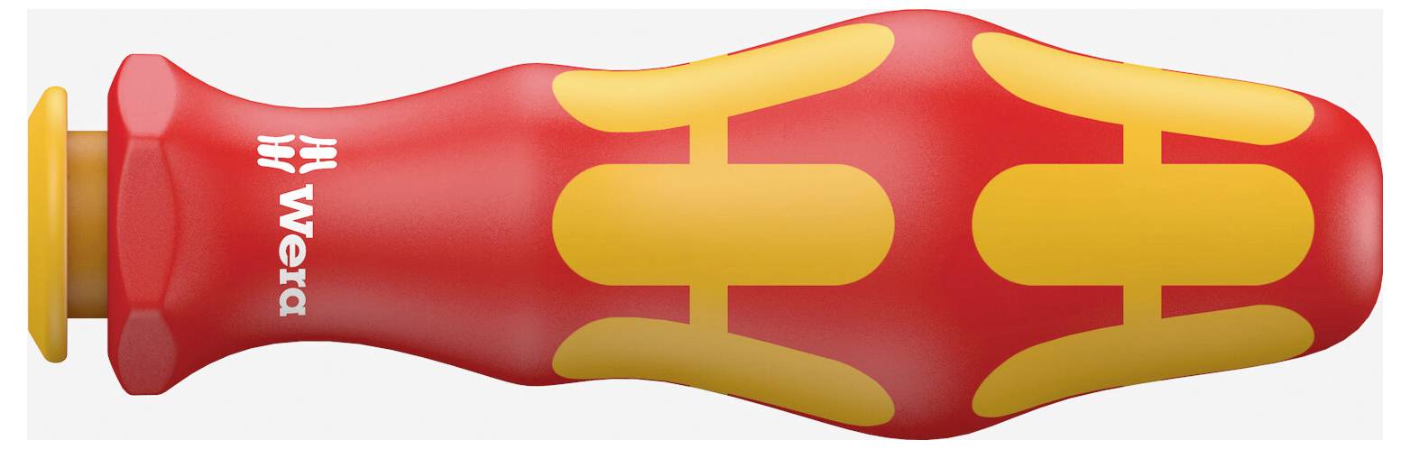 Rot-gelber isolierter Schraubendrehergriff mit dem Wera-Logo, in Nahaufnahme auf weißem Hintergrund dargestellt.