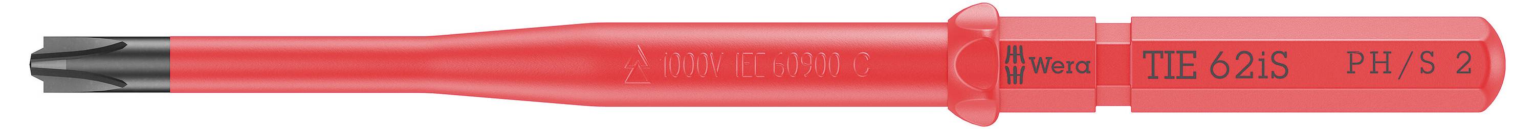 Roter Wera Isolierschraubendreher mit schwarzer Spitze und durchscheinendem rotem Griff, gekennzeichnet mit Tie 62IS PH/S 2.
