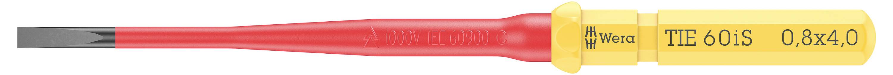 Ein rot und gelber Wera Schlitzschraubenzieher mit transparentem rotem Griff, mit der Bezeichnung TIE 60 iS 0.8x4.0.