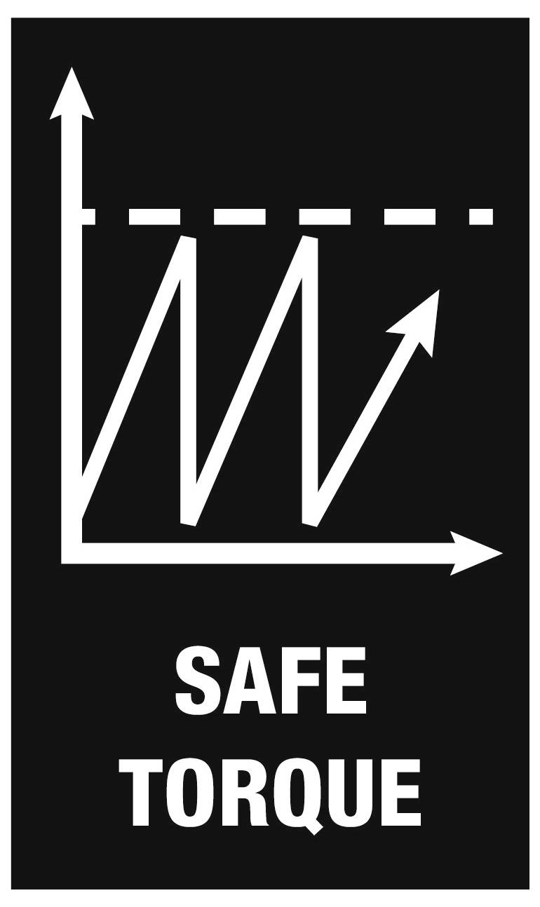 Schwarzes Schild mit einem weißen Diagramm und einem nach oben zeigenden Pfeil mit der Bezeichnung „SICHERES DREHMOMENT