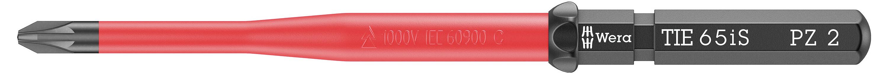 Ein rot und schwarz gestreifter Wera Tie 65iS PZ 2 Schraubendreherbit horizontal auf weißem Hintergrund dargestellt.