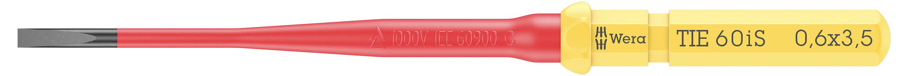 Roter isolierter Schraubendreherwerkzeug mit gelbem Wera-Griff, beschriftet mit TIE 60iS 0,6x3,5.
