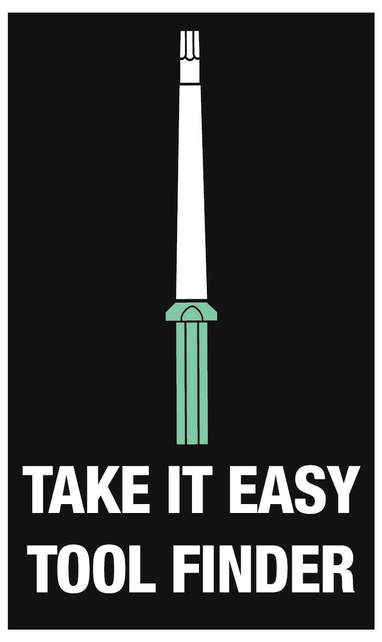 Schwarzes Plakat mit einem stilisierten weiß-türkisfarbenen Werkzeugsymbol über dem Slogan „TAKE IT EASY TOOL FINDER