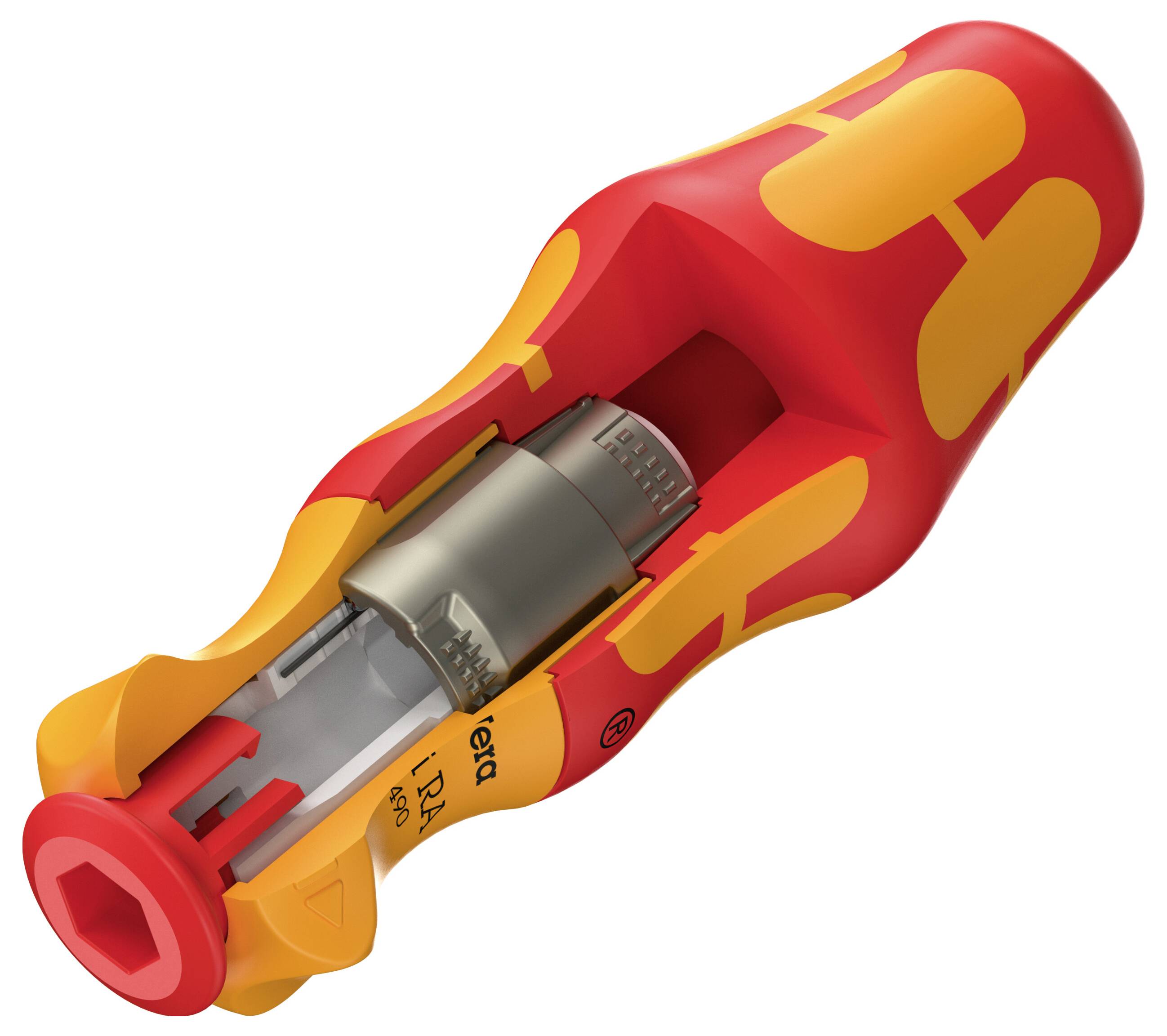 Schnittansicht eines rot-orangefarbenen Elektrosteckers, die den internen Metallkontakt und das Verdrahtungsgehäuse zeigt.
