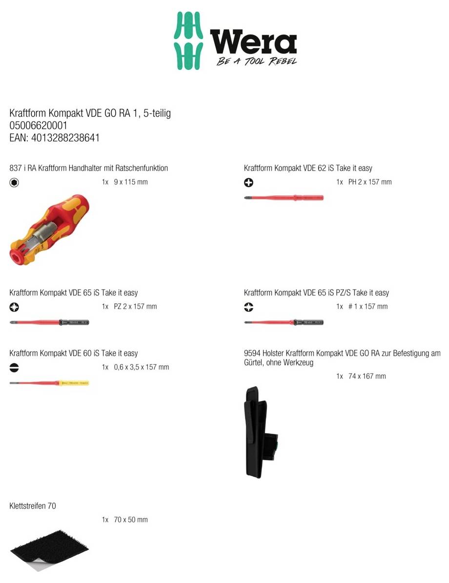 Wera Kraftform Kompakt VDE 60 RA 1, 5-teiliges Set mit isolierten Schraubendrehern, Halter, Klettverschlussband und Wandhalterung.