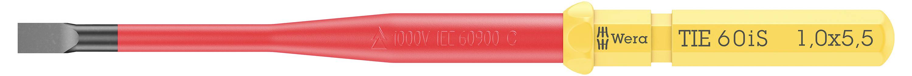 Ein rot-und-gelber Wera Tie 60i Schraubendreher mit rotem Griff und gelbem Endkappenstück, horizontal dargestellt.