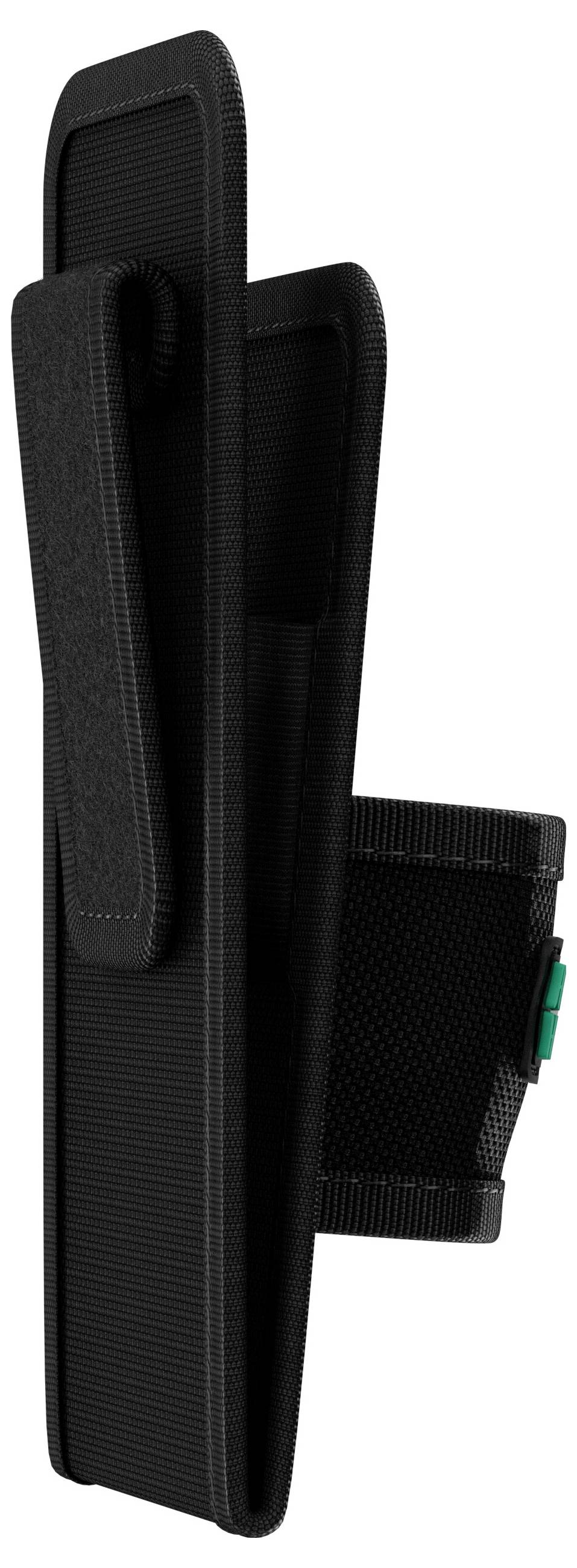 Schwarze Nylon-Gürtelholster-Tasche mit Klappe und Seitenclip, gezeigt auf weißem Hintergrund.
