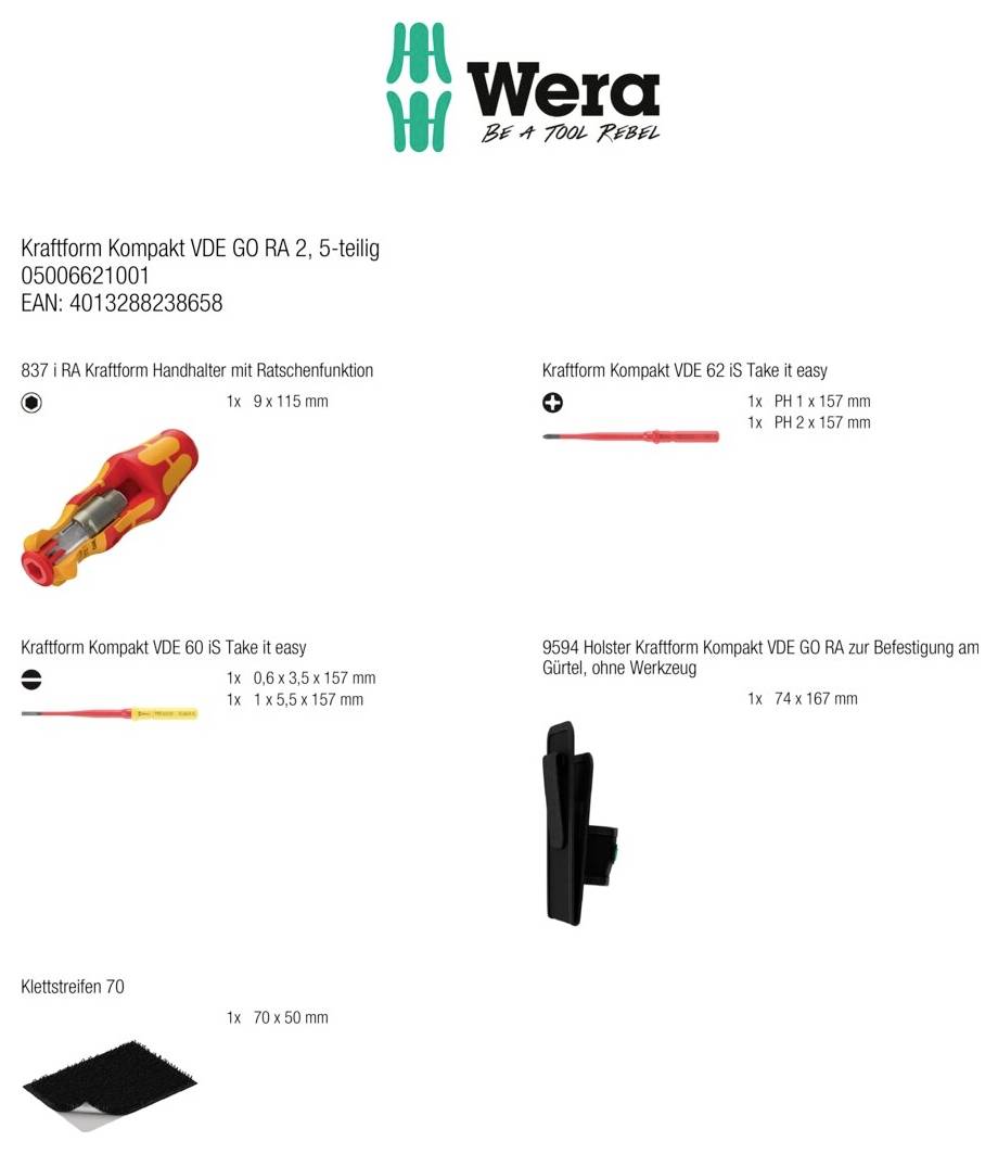 Wera VDE GO RA 2 05006621001 Elektriker Wechselklingen-Set Klingenlänge: 157mm