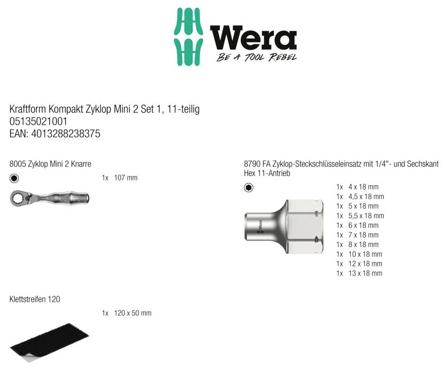 Wera Kraftform Kompakt Zyklop Mini 2 Set, 11-teilig, zeigt Ratschenkopf, 1/4-Zoll-Sechskantbithalter und Klett-Verschlussstreifen mit Teilenummern und Größen.