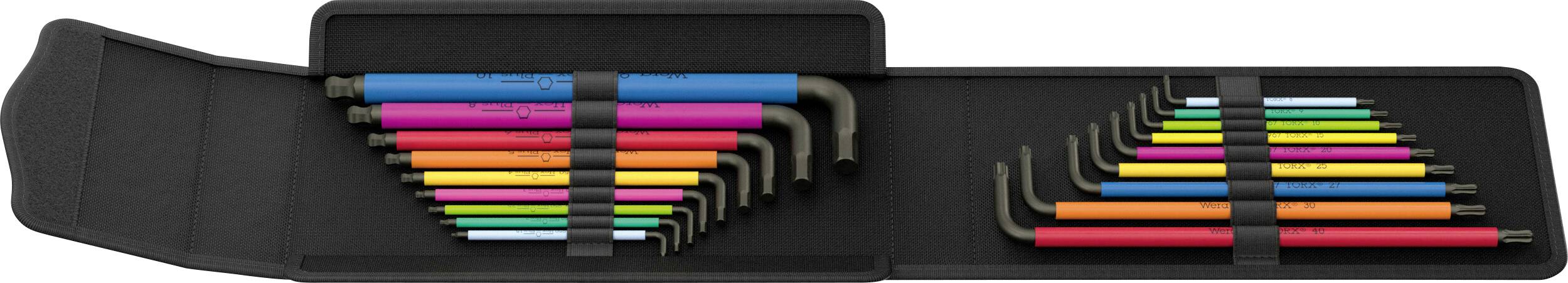 Zwei Organizer-Tabletts gefüllt mit bunten Schraubendrehern oder Innensechskantschlüsseln, die nach Größe in Regenbogenordnung angeordnet sind.