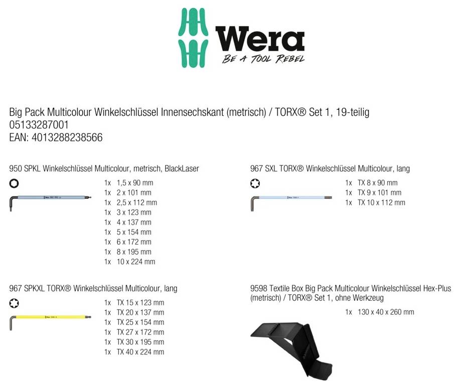 Wera-Werkzeugsatz-Verpackung Big Pack mehrfarbig Hex- und TORX-Schlüssel, Set 1, 19-teilig, mit Größenangaben und im Lieferumfang enthaltenem schwarzem Halterkoffer.