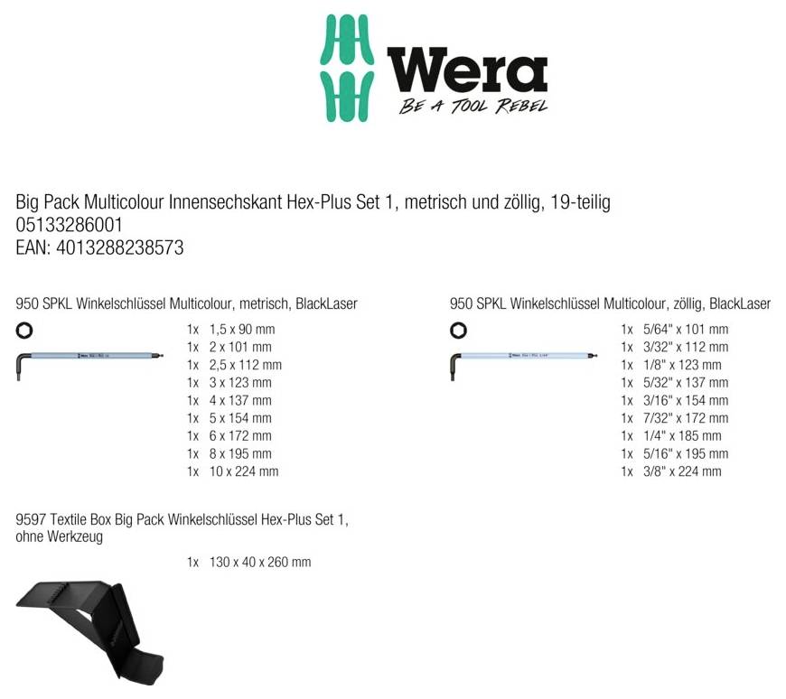 Wera Big Pack Sechskant-Plus Schlüsselsatz, metrisch und zollweise 19-teilig, mit mehrfarbigen L-förmigen Sechskantschlüsseln und Textilbox; Produktgrößen aufgelistet.