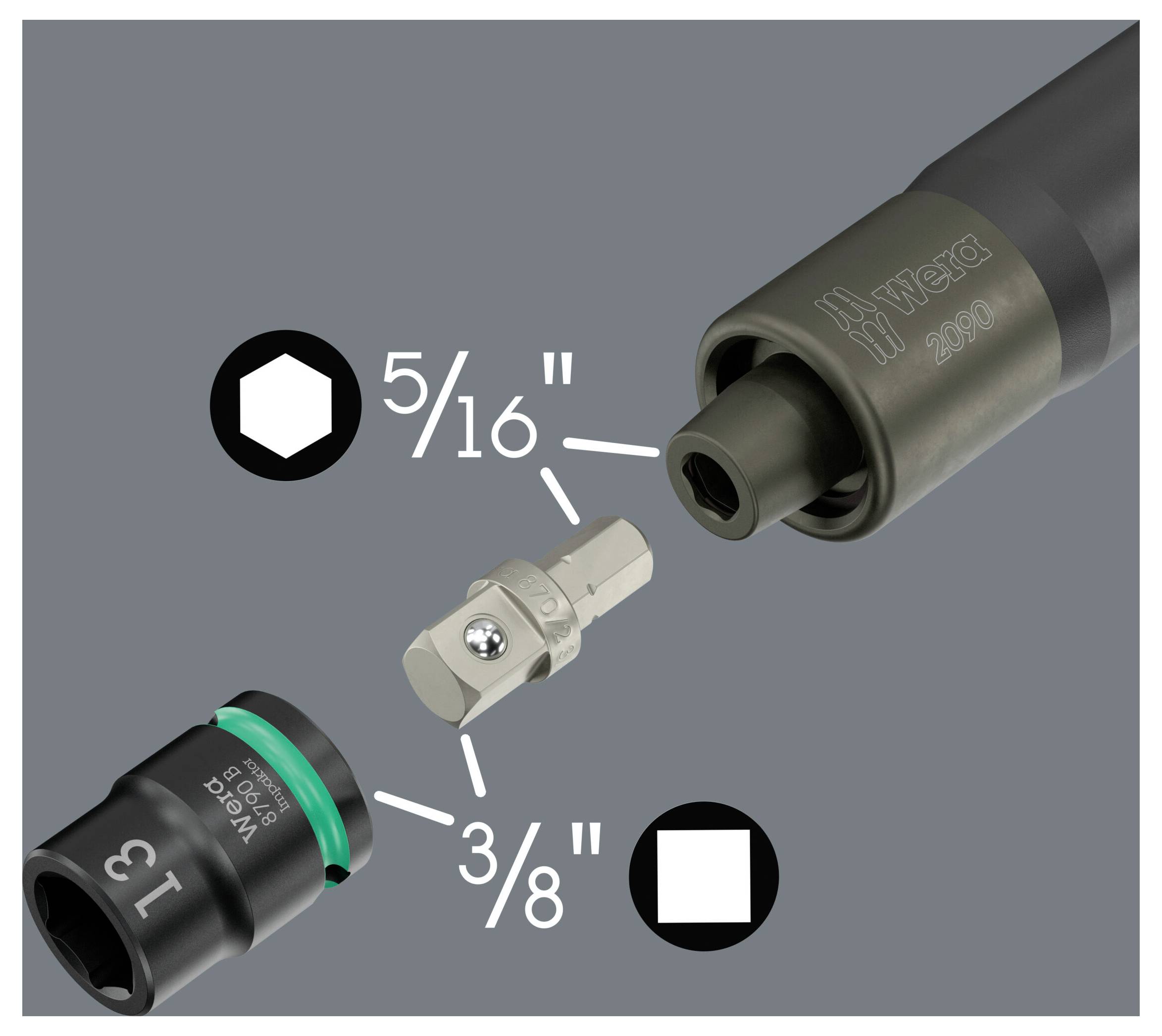 Wera 2090/16 Impaktor Universal, Werkstatt Schlagschraubendreher Set 3/8" (10 mm), Außen-Vierkant