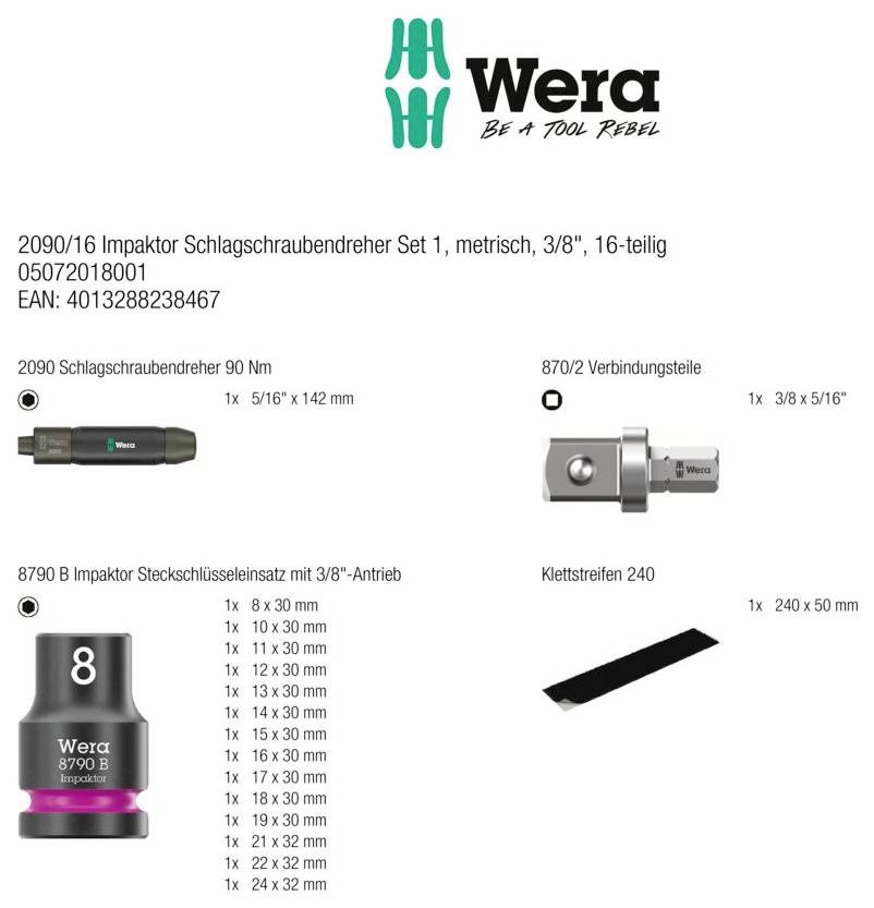 Wera 2090/16 Impaktor Universal, Werkstatt Schlagschraubendreher Set 3/8" (10 mm), Außen-Vierkant