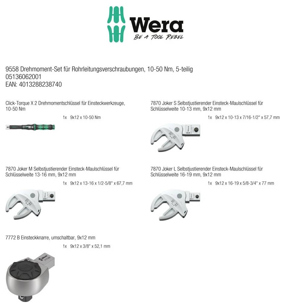 Wera 9558 05136062001 Drehmoment-Set 9 x 12mm 10 - 50 Nm