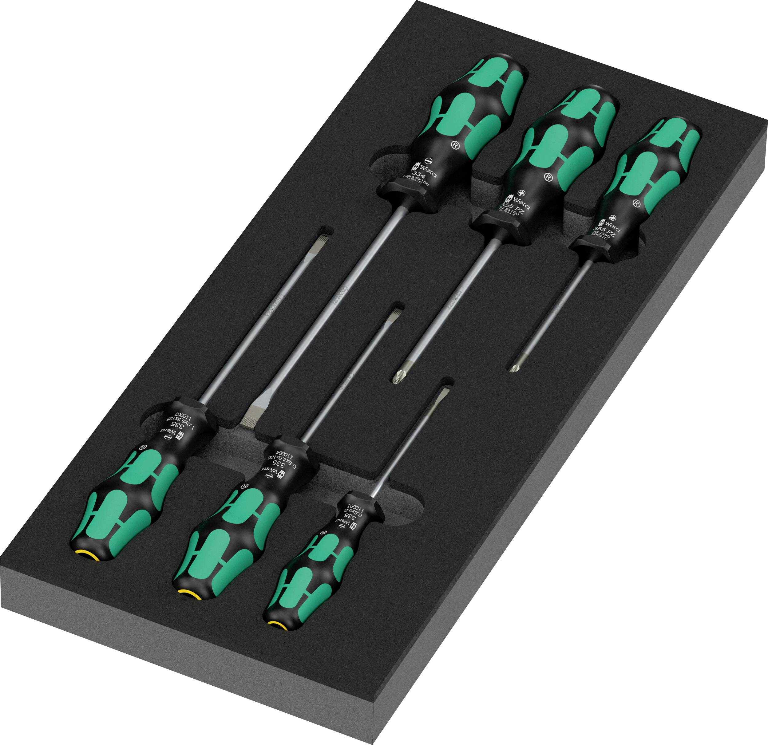 Siebteiliger Schraubendrehersatz in einem schwarzen Schaumstoffkasten mit schwarz-grünen Schraubendrehern, der nach Größe angeordnet ist