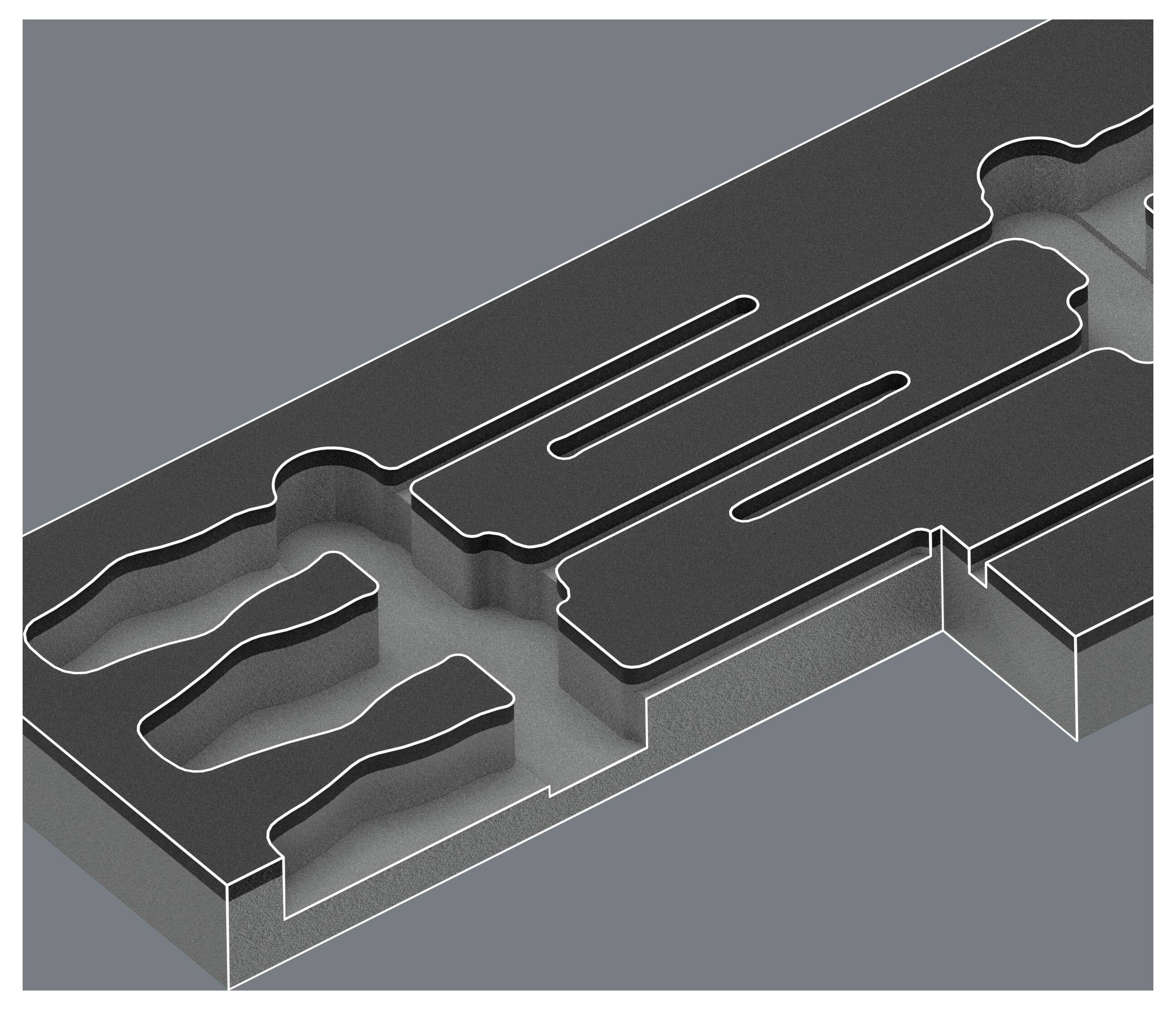 Isometrische Schnittdarstellung eines geschichteten Rechteckblocks mit internen Hohlräumen und erhabenen Kanälen, ähnlich einem 3D-Fertigungs- oder Technik-Querschnitt.