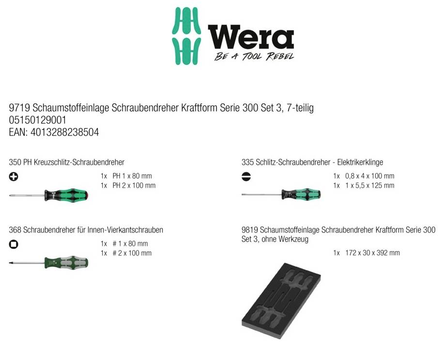 Wera 9719 Serie 300 Werkstatt Schraubendreher-Set Kreuzschlitz Phillips, PH, Innen-Vierkant (Robertson)