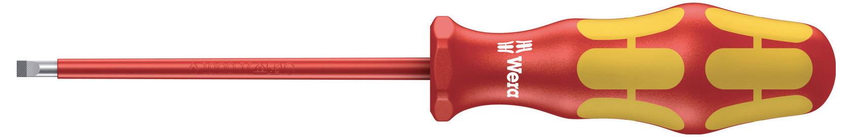 Roter isolierter Schraubendreher mit flacher Klinge und rot-gelbem Griff mit WIHA-Beschriftung auf weißem Hintergrund.
