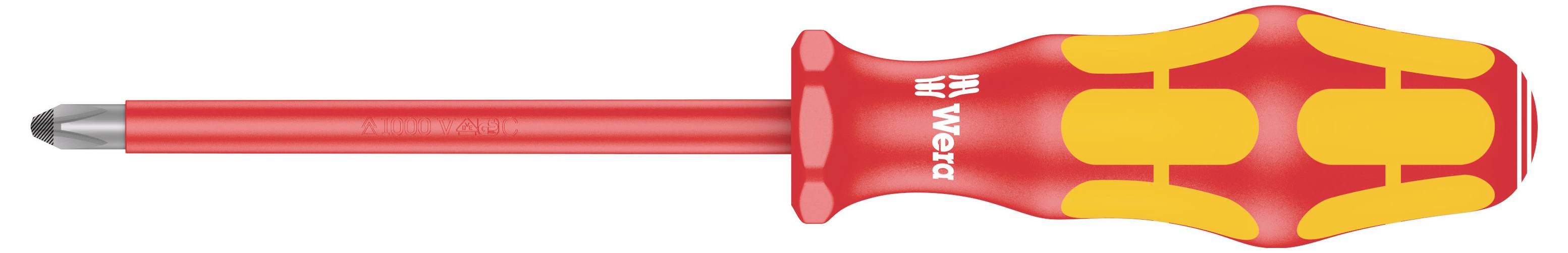 Rot isolierter Schraubendreher mit silberner Spitze und rot-gelbem Griff, horizontal auf weißem Hintergrund dargestellt.