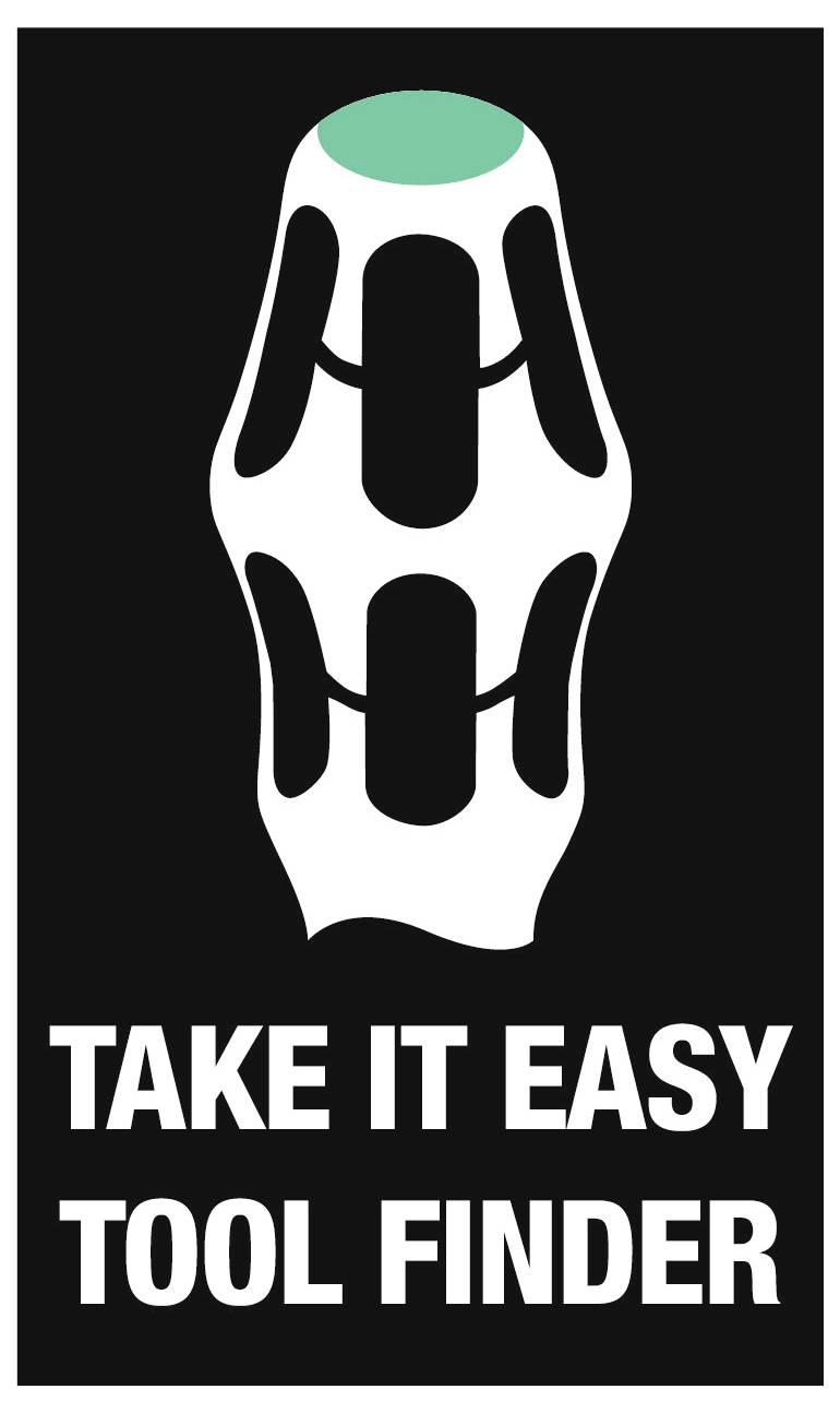 Schwarzes Plakat mit einem stilisierten weißen Werkzeugsymbol und grüner Oberakkzent, beschriftet mit „TAKE IT EASY TOOL FINDER