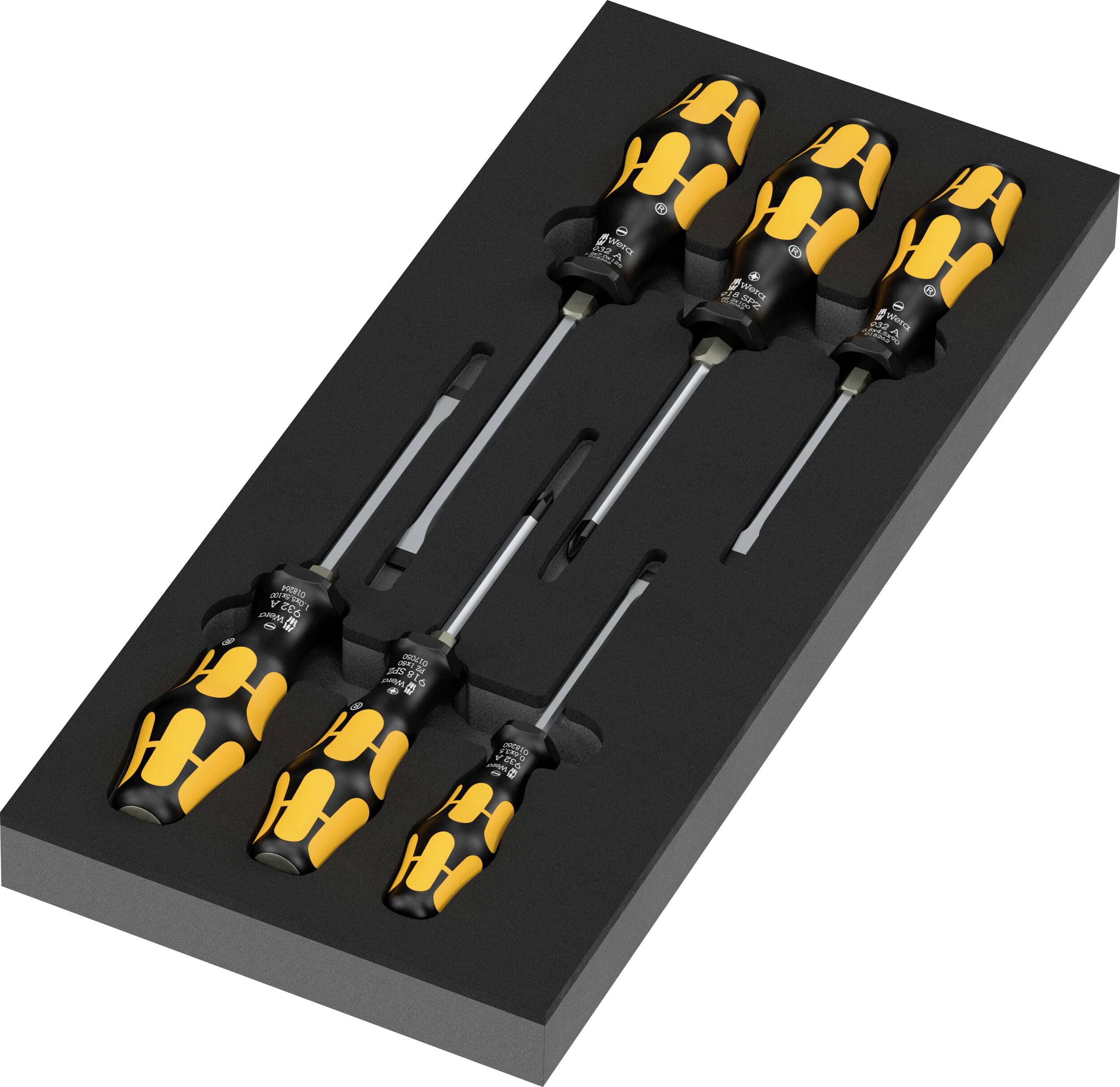 Schaumstoff-Tablett mit sechs schwarz-gelben Schraubendrehern und zwei schlanken Hebelwerkzeugen in einem Werkzeugsatzkasten.