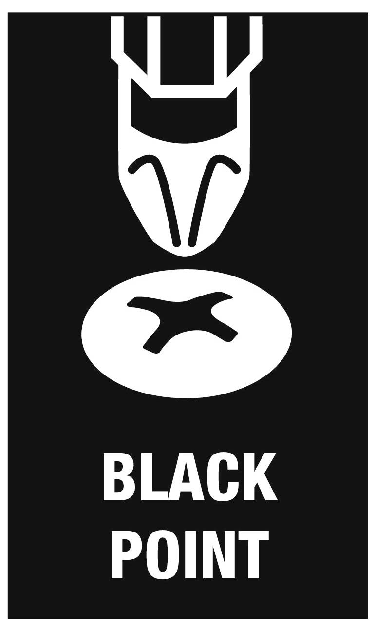 Black Point Label mit einem stilisierten weißen Tierkopf über einem ovalen Emblem auf schwarzem Hintergrund.