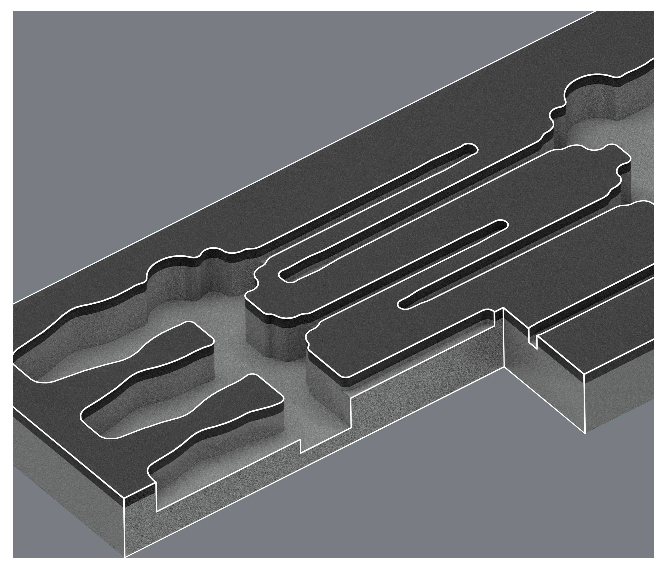 3D-Schnittdarstellung aus schichtigem schwarz-grauem geometrischen Kanälen und Kammern, ähnlich wie ein technisches Formenwerkzeug oder eine Kartenschnittansicht.