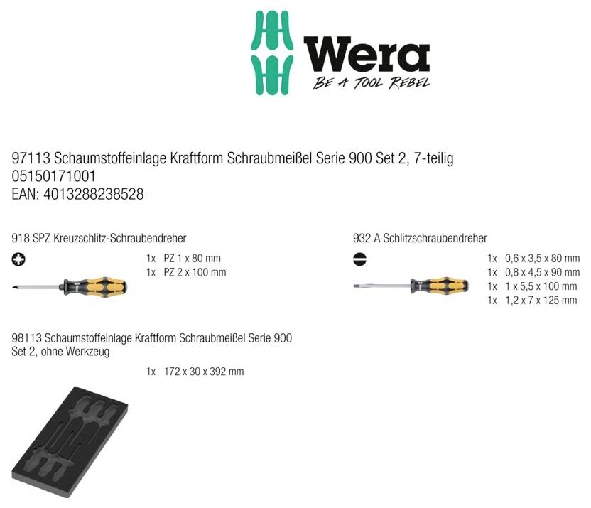 Wera 97113 Serie 900 Set 2 Werkstatt, Universal Schraubmeißel Set Klingenbreite: 3.5 mm, 4.5 mm, 5.5 mm, 7mm Klingenlänge: 80 mm