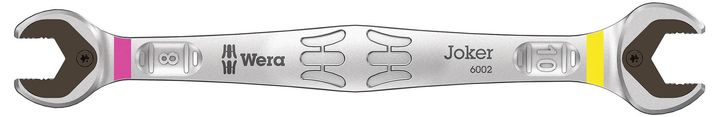Wera Joker 6002 Doppelschraubenschlüssel mit verstellbaren offenen Backen und silbernem Griff mit rosa und gelben Akzenten.
