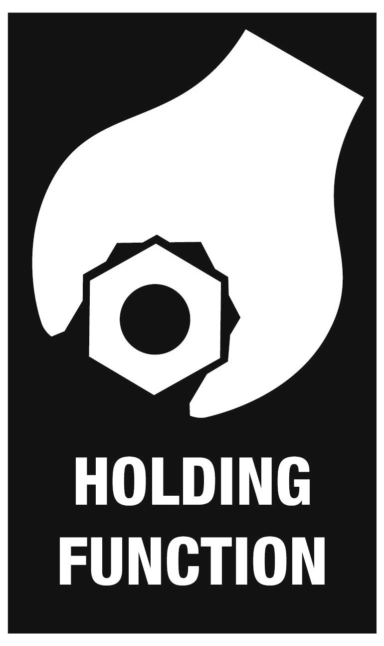 Schwarzes Schild mit weißem Handicon, das eine Mutter hält, und fetter Schrift mit der Aufschrift „HOLDING FUNCTION