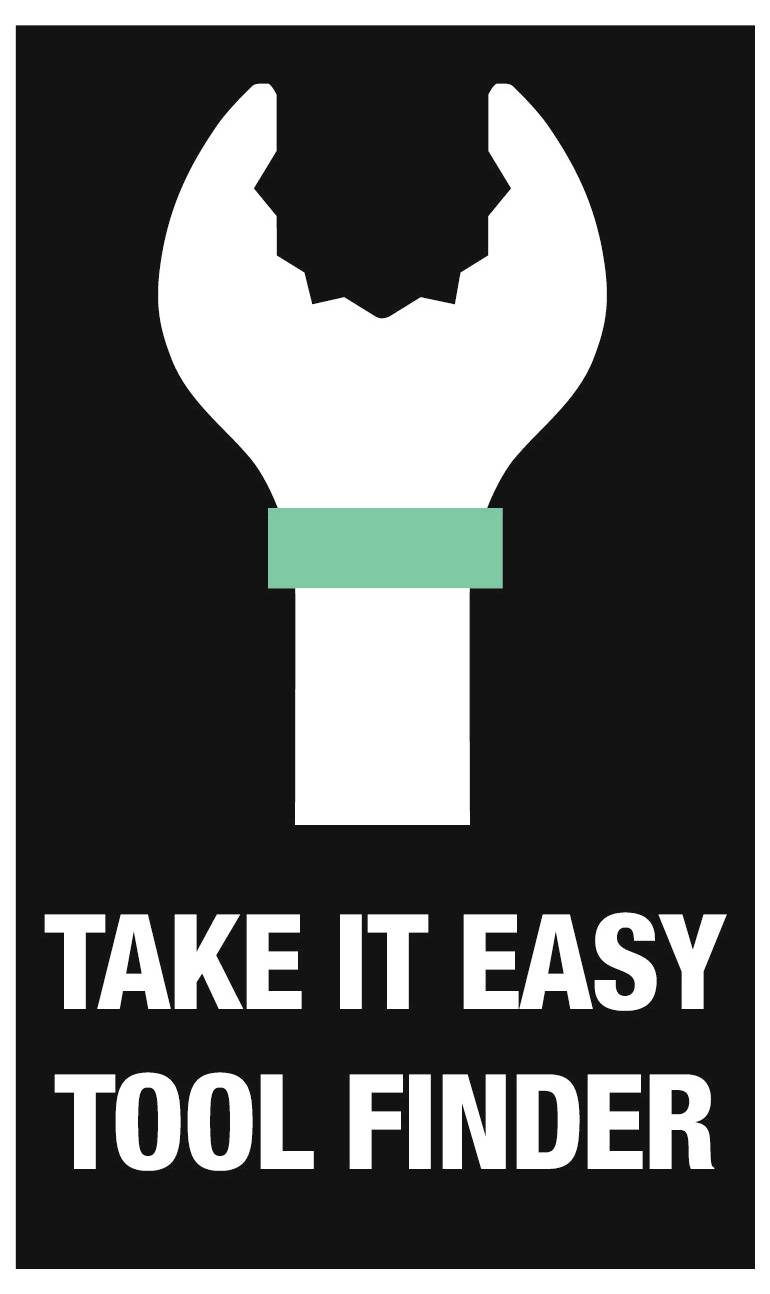 Schwarzes Plakat mit einem weißen Schraubenschlüssel-Symbol über den Worten „TAKE IT EASY TOOL FINDER