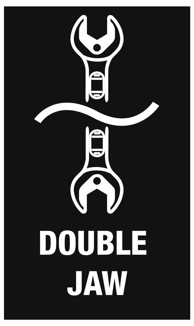 Schwarzes Schild mit zwei weißen Schraubenschlüsseln, die sich über einer welligen Linie gegenüber stehen, mit der Bezeichnung „DOUBLE JAW
