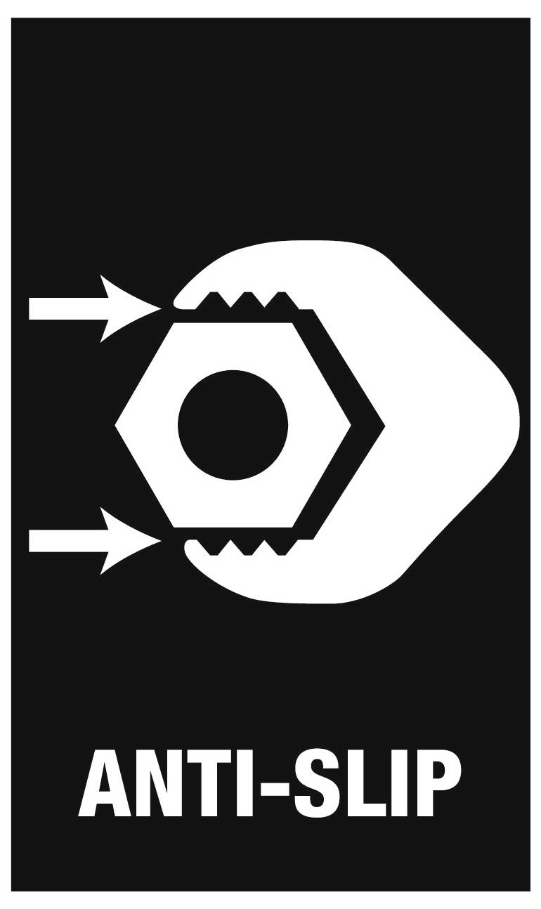 Anti-Rutsch-Symbol mit Pfeilen, die auf eine Sechskantmutter zeigen, die von einer schraubenschlüsselähnlichen Klemme gehalten wird, mit der Beschriftung „RUTSCHSICHERUNG