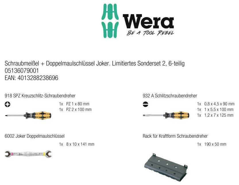 Wera Joker Werkstatt, Universal Schraubmeißel + Doppelmaulschlüssel-Set Klingenbreite: 4.5 mm, 5.5 mm, 7mm Klingenlänge: 80 mm