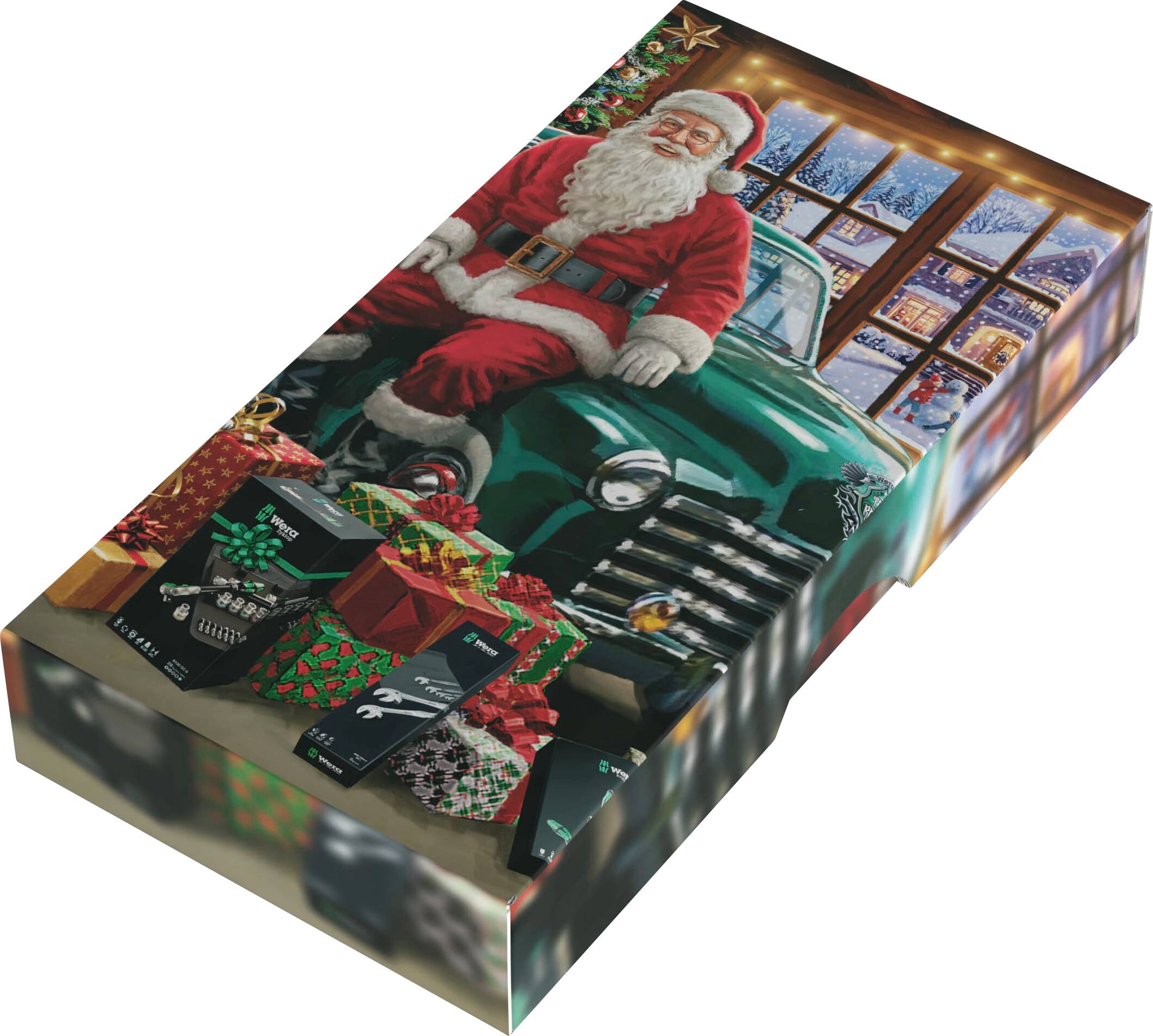 3D-Geschenkbox mit dem Weihnachtsmann, der auf einem grünen Lastwagen sitzt, umgeben von eingepackten Geschenken, mit schneebedeckter Fensterszene im Hintergrund.